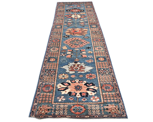 12 Ft Blue Aryana Afghan Hand Knotted Veg Dye Wool Runner Rug